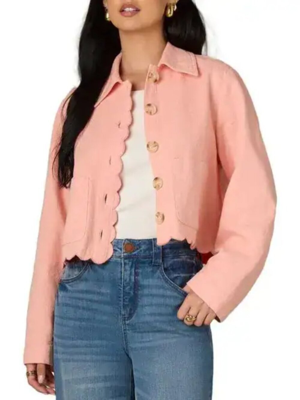 Wit & Wisdom Scallop Detail Cotton Crop Jacket Papaya Comfy Casual Size S